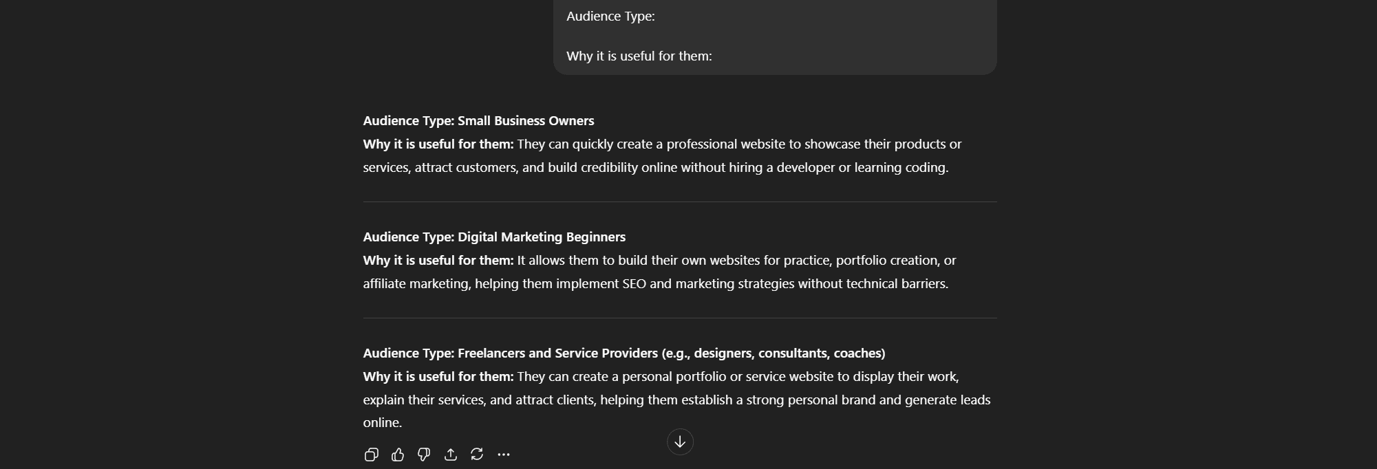 ChatGPT output for identifying audience segments in market research