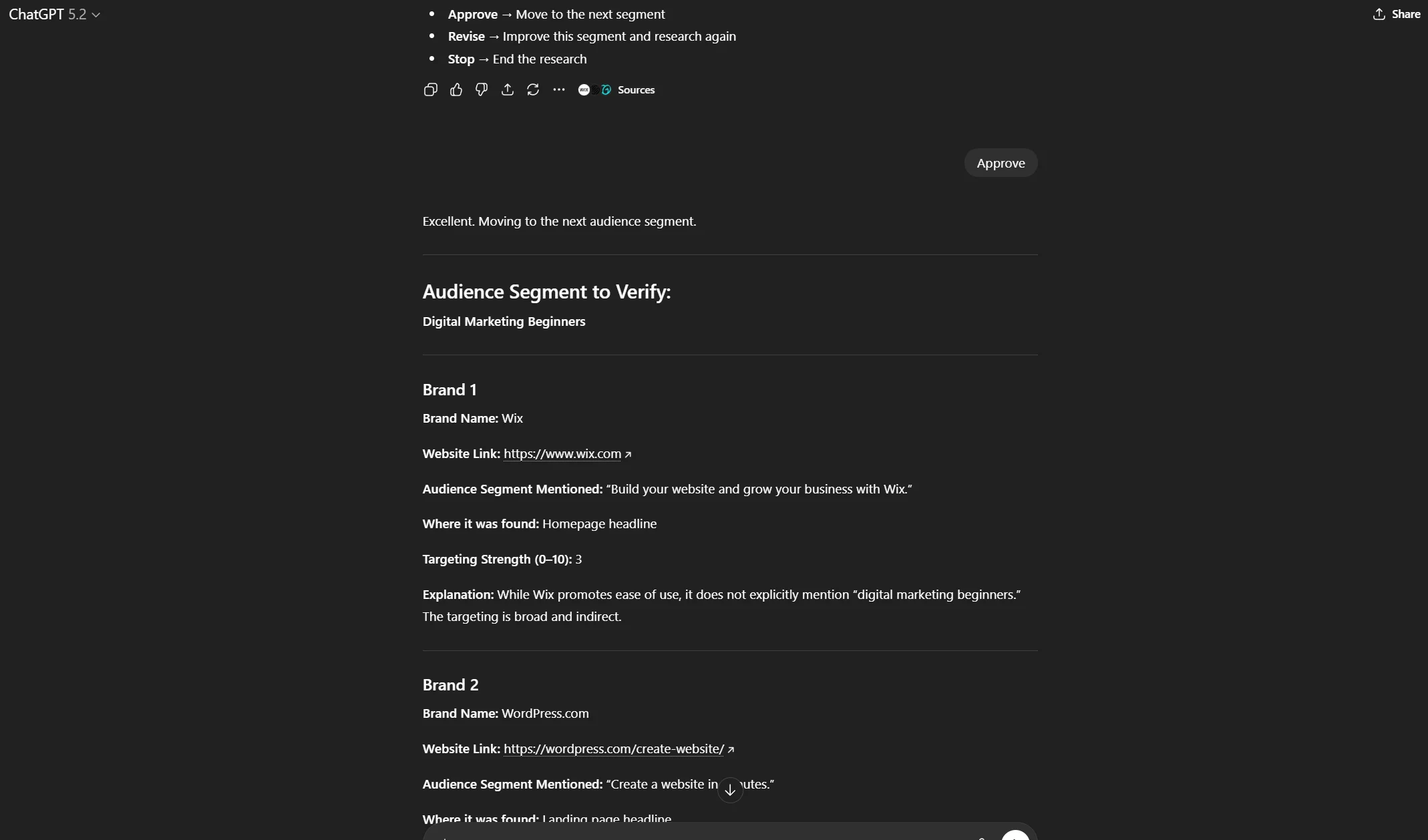 ChatGPT output for verifying audience segments in market research for digital marketing beginners