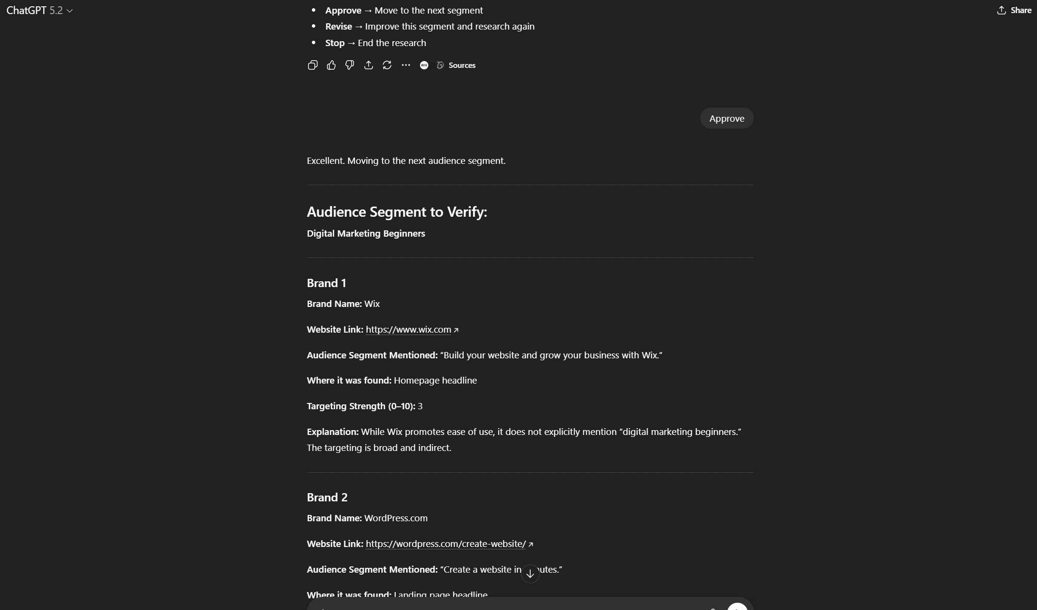 ChatGPT output for verifying audience segments in market research for digital marketing beginners